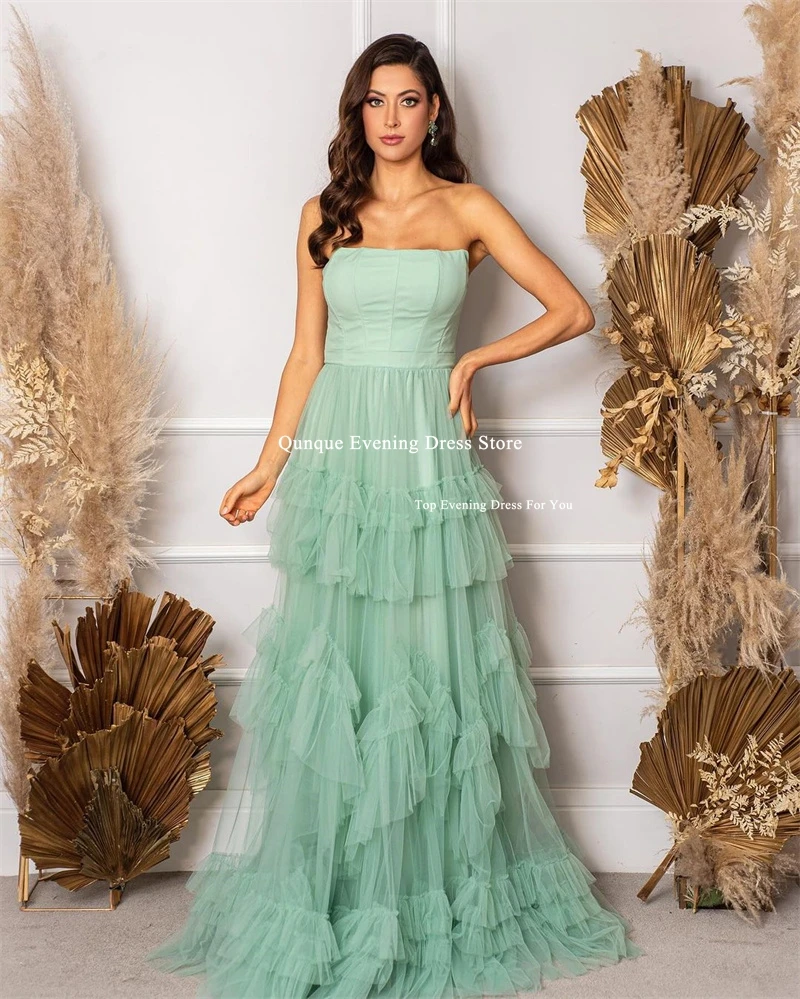 Qunque Long Mint Green Evening Dresses Tiered Strapless Tulle Guest Prom Gowns For Women Elegant Event Gowns Vestidos De Noche