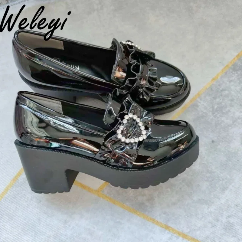 Mine Series Mass Production Black Thick Heel Shoes Sweet Japanese Style Kawaii High Heels Love Rhinestone Lace Platform Shoes