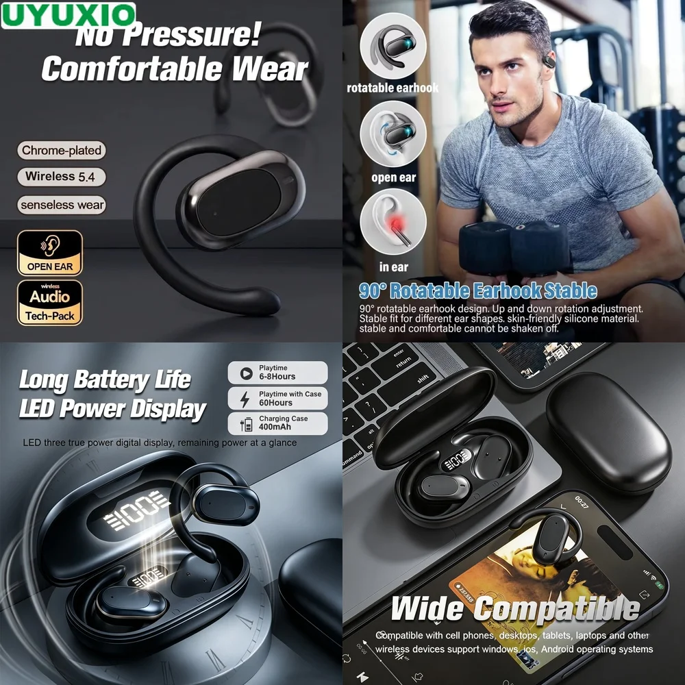 Open Ear OWS Earphones and Headset featuring IPX5 90° Rotatable Hook 16mm Bass BT 5.4 ENC Mic LED Display for Sports.