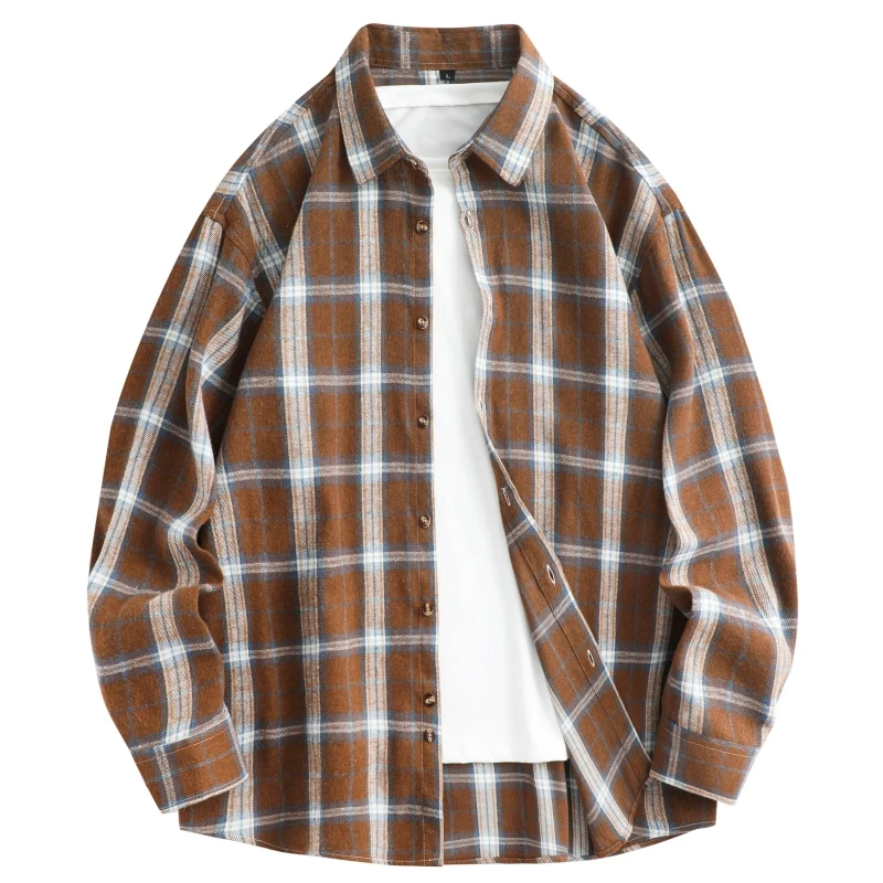 

Men's Brown Long-sleeve Plaid Shirts, Blue Cotton Shirt with A Lapel and Single-breasted Buttons, Sizes M–3XL.