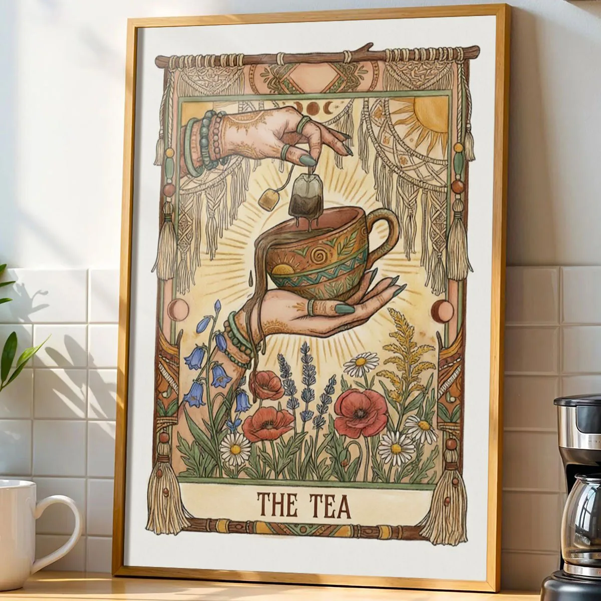 Retro Tarot Tea Cup Wall Canvas Decorative Painting, 2D Printed Poster, Kitchen and Living Room Home Decoration