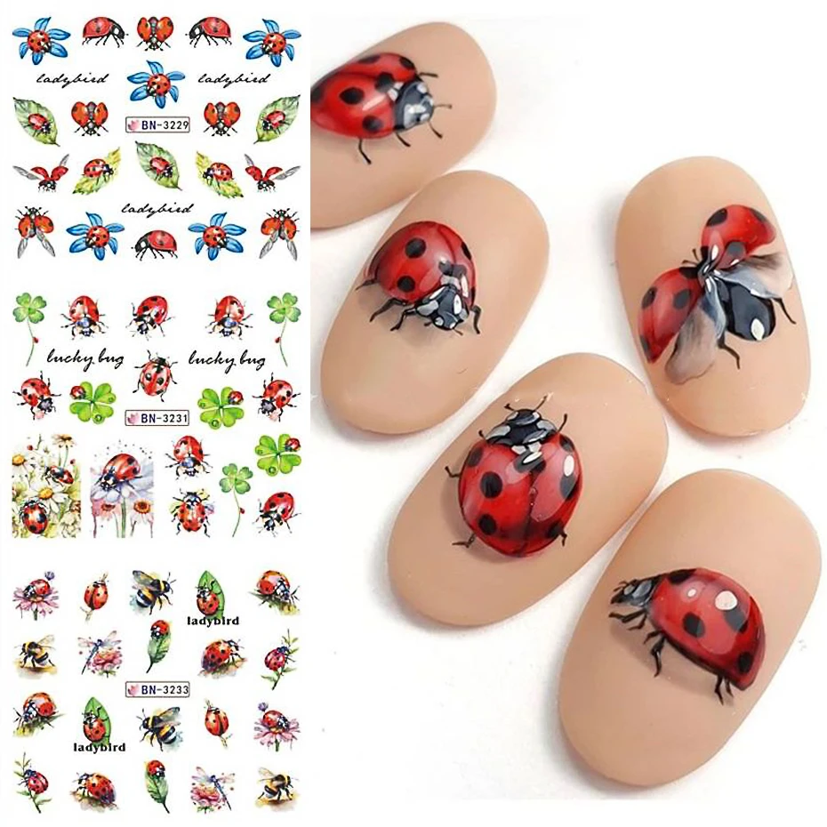 12pcs Ant Ladybug Nail Stickers Water Transfer Decals Honey Bee Beetle Insects Animals Sliders Decorations Manicure Charm Foils