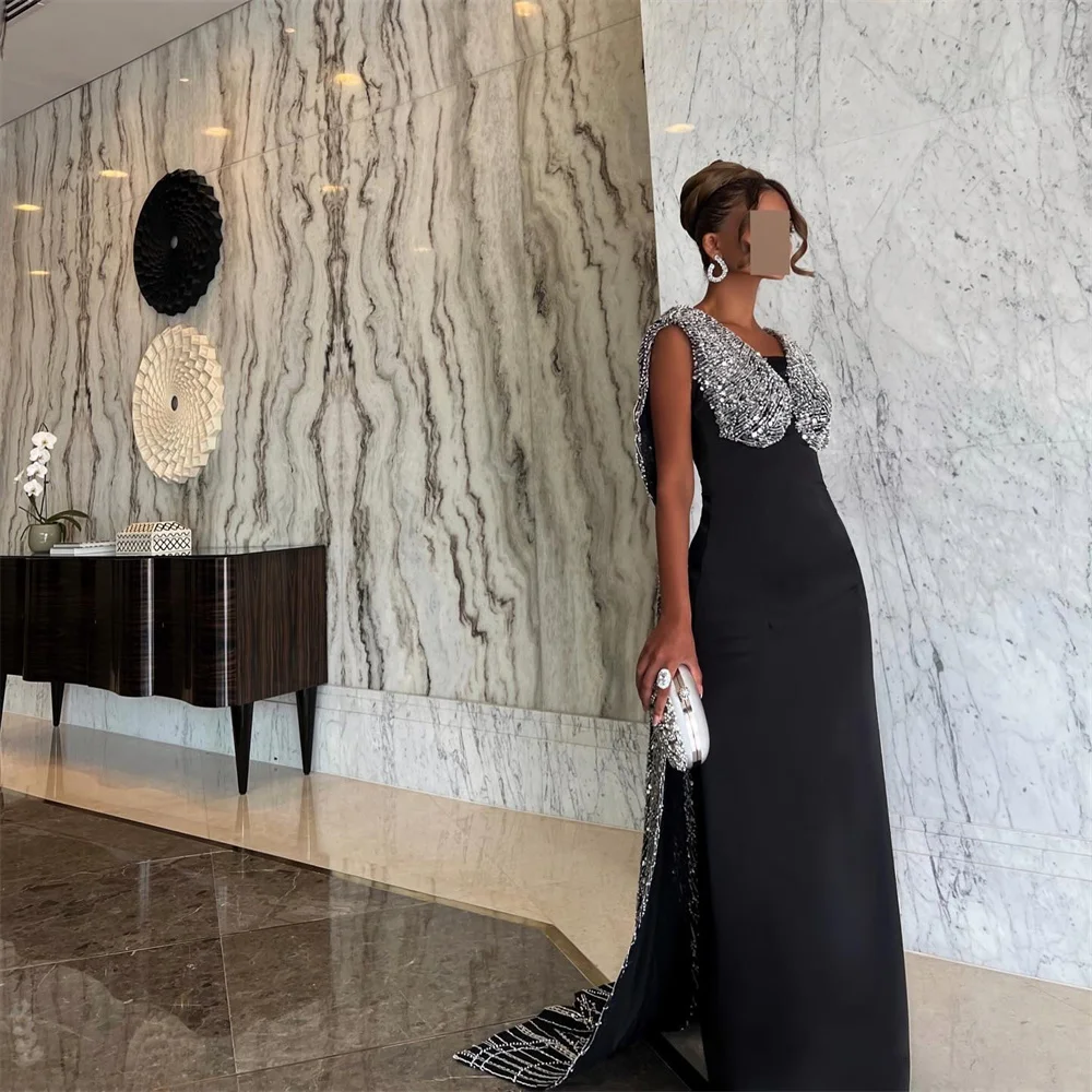 Customized Formal Dress Saudi Arabia Prom Bateall Column Floor Length Sequin Skirts Vertically Sleeveless Beading Bead Bespoke O