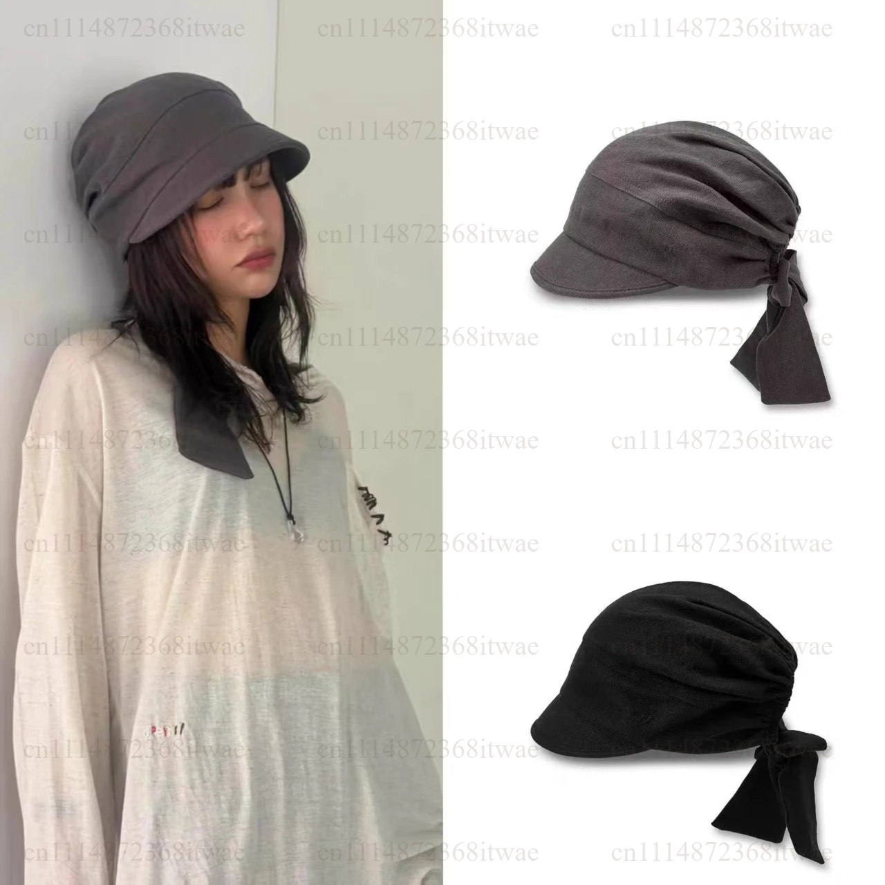 Korean‑Style Linen Beret Hat With Back Strap Bow Lightweight Breathable Sun‑Protective Wrap‑Head Fashion Casual Bucket Cap