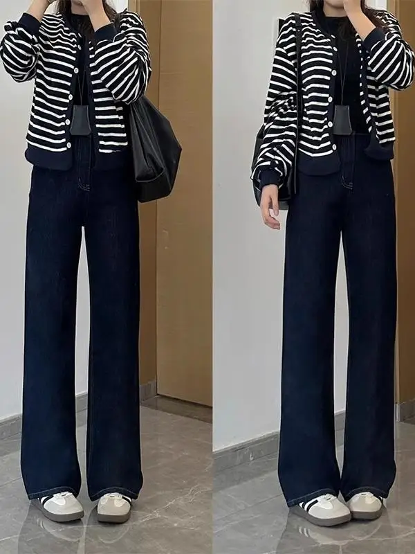 

High Waist Wide Leg Denim Blue Jeans Women's Spring Autumn New Sle plus Size Loose Straight Floor-Length Pants