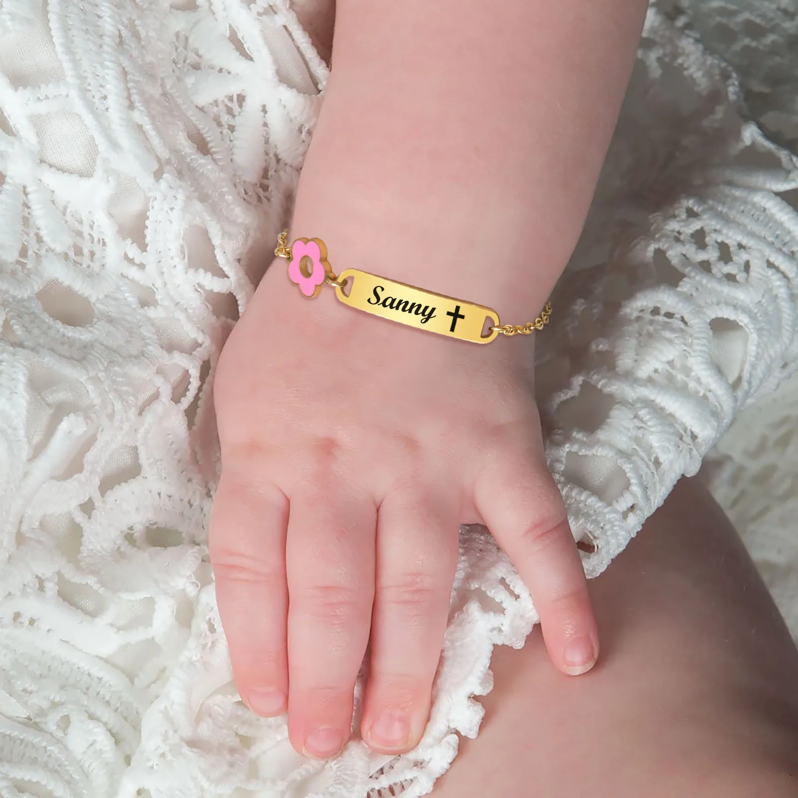 Free Engraving  Name Bracelet for Little Girl Boy , Cute Flower Stainless Steel Chain Adjustble, Personalized Gift Birthday