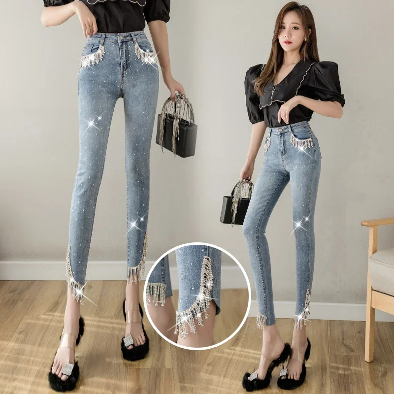 2024 Spring Summer High-waist Slim Fringed Beaded Diamond Jeans women Ladies High Street Denim Pants Pencil Washed Tassel Jeans