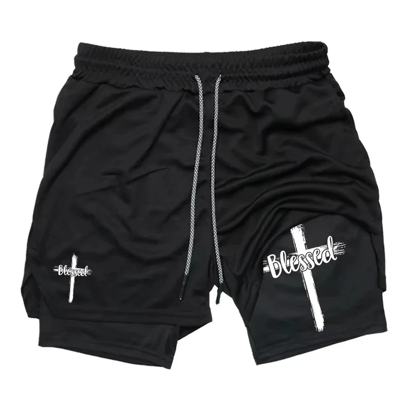 Men Summer Quick-drying Sports Shorts Gym Jogging Training Exercise Fashion Phone Pocket Compression Fitness Sports 2-in-1 Short