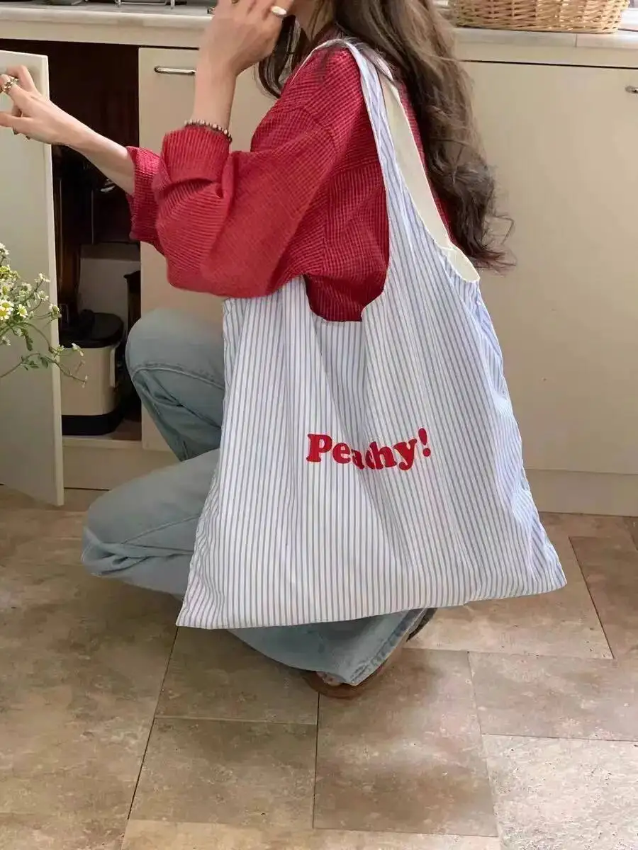 Bloom Stripe Blue Large Capacity Canvas For Women 2025 New Summer Tote Bag Female Korean Style Y2k Handbag Bolsos De Mujer