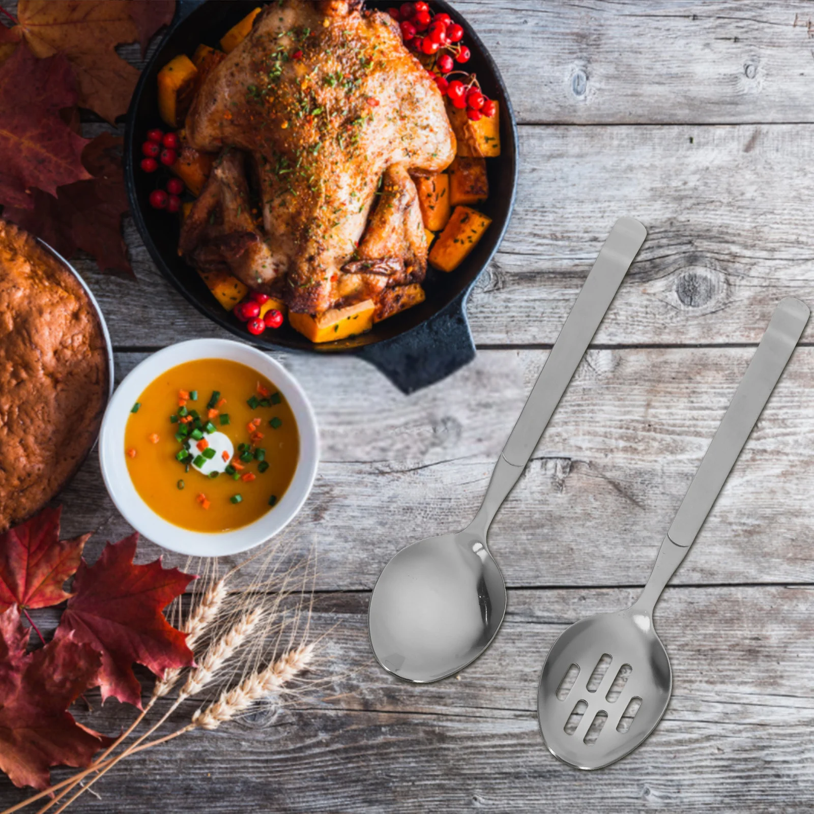 

2pcs Stainless Steel Large Serving Spoon Slotted Flatware Kitchen Accessory For Home Restaurant Hotel Buffet Dinner Use