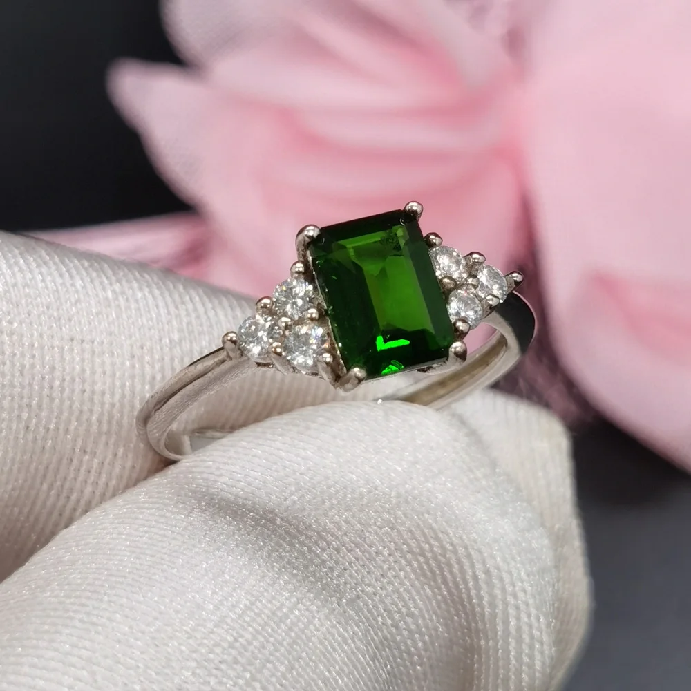 

0.8ct 5mm*7mm Genuine Diopside Ring 925 Silver Chrome Diopside Silver Ring 18K Gold Plating 925 Silver Gemstone Jewelry