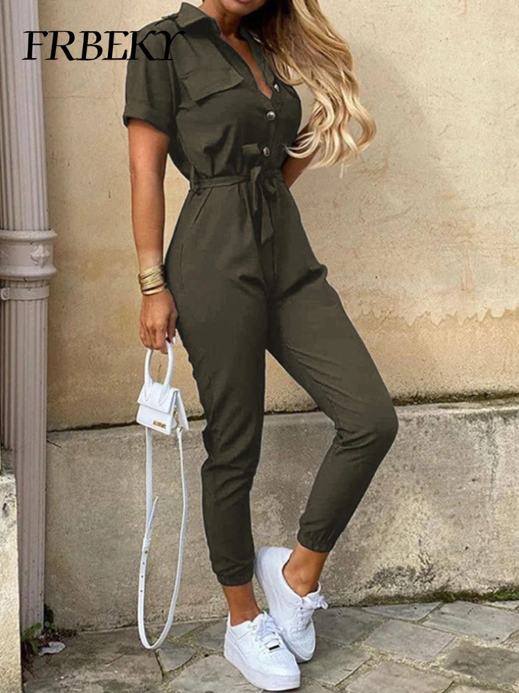 Overalls for Women Casual Lapel Lace-up Print Belt Work Jumpsuit Women One Pieces Bodysuit Women Chic and Elegant Long Jumpsuits