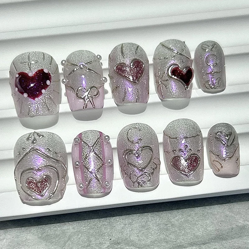 10 Pieces Baroque Style Press On Nails Handmade Sweet Cool Cat Eye Star Moon Sweetheart Fake Nail Patch Removable