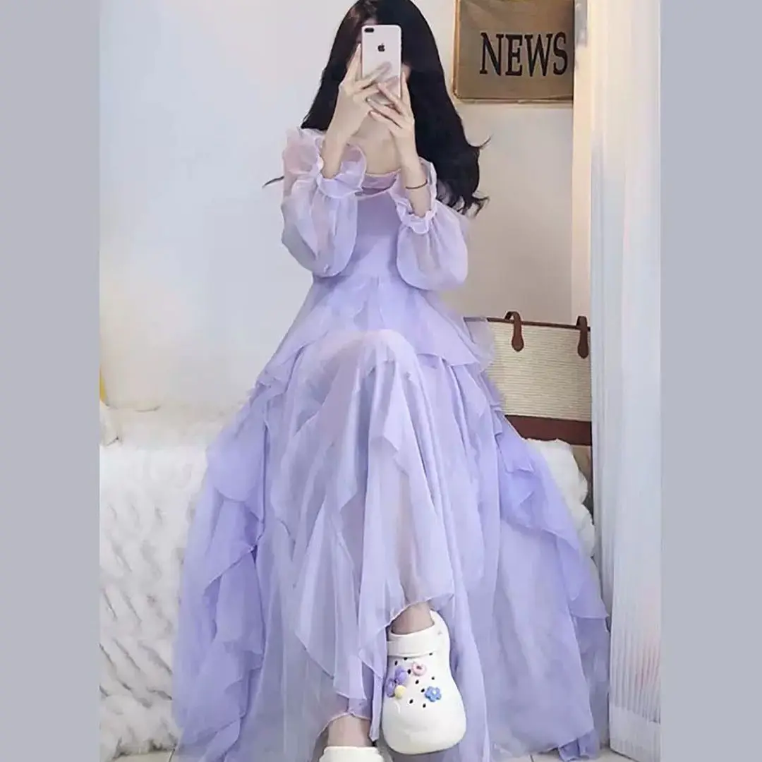 الفرنسية الهروب الأميرة نمط التدرج الأرجواني فستان طويل أنيق فراشة الجنية ألف خط تنورة البوليستر النسيج الصيف الربيع #1