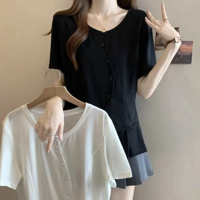 Plus Size  Summer Irregular Pleated T Shirt Loose Short Sleeve Boxy Top Tummy Cover Slimming Casual Chic For Curvy Women