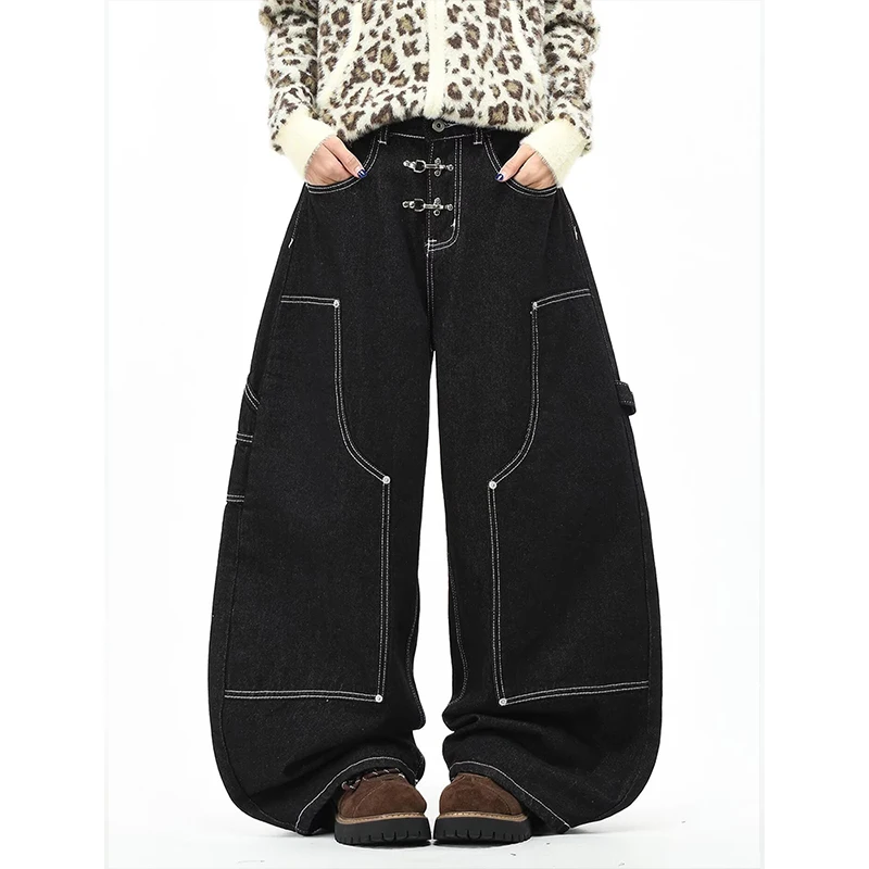 Women's Black Gothic Cargo Baggy Jeans Y2k Oversize Denim Trousers Vintage 2000s Harajuku Grunge Wide Leg Jeans Pants ﻿