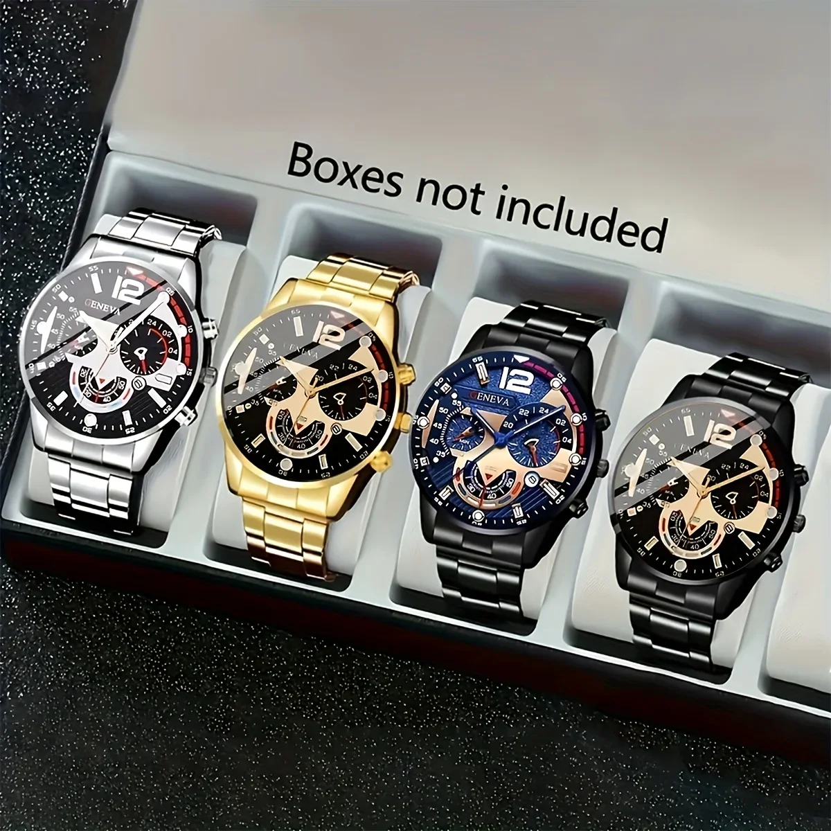 4-piece fashionable men's quartz watch set, shock resistant circular analog display, alloy strap and case, unboxed watch set