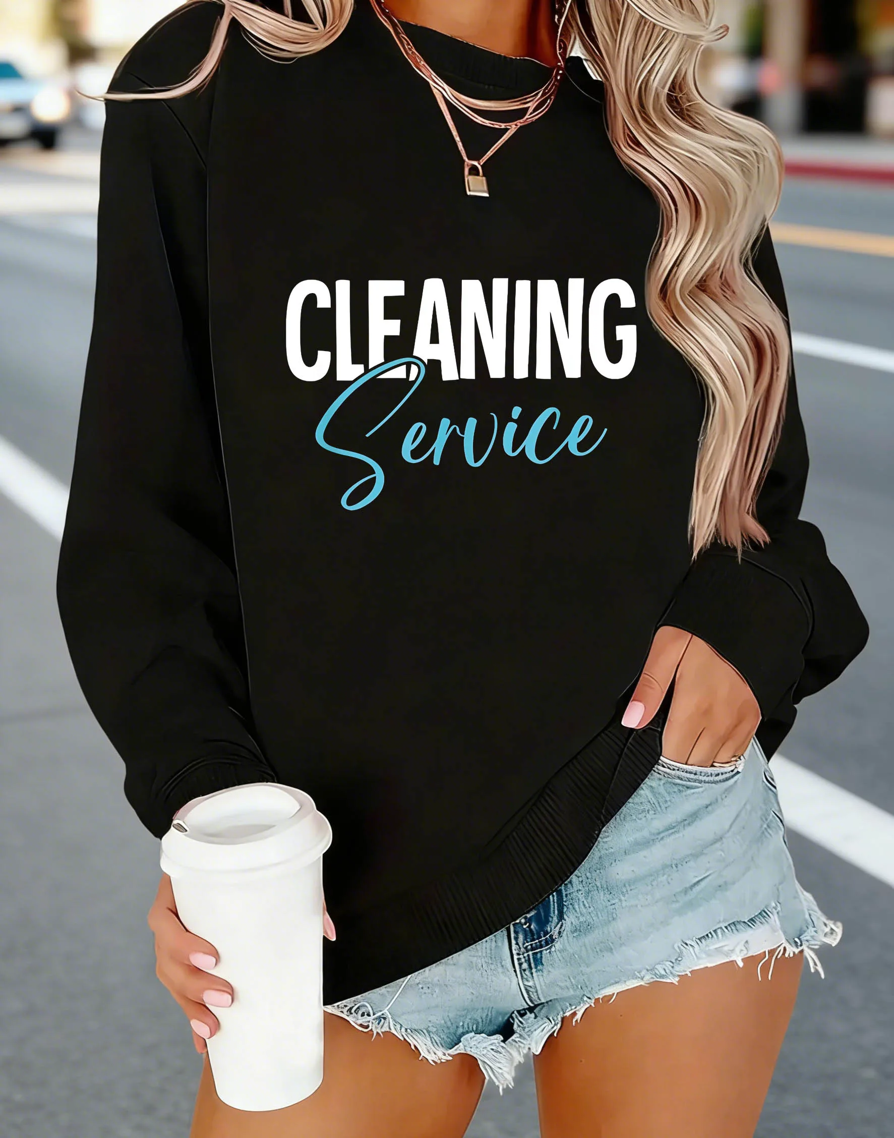 Damessweatshirt "CLEANING SERVICE" Letterprint Ronde hals Casual voor herfst en lente, dameskleding
