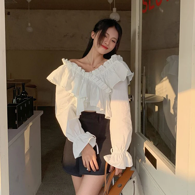 Zoki Sexy Off Shoulder Sweet Blouse Women Korean Fashion Ruffles Elegant Cropped Shirt Fall Lace Up Design Lady Chic White Tops