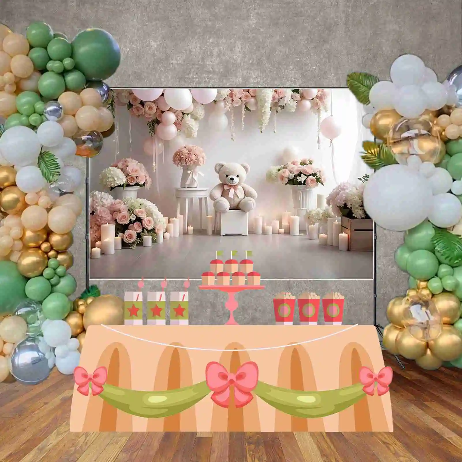 MOON.QG 꽃 풍선 생일 배경 어린이 테디 베어 꽃 화환 배경, 맞춤형 파티 포토콜 소품, 1 년