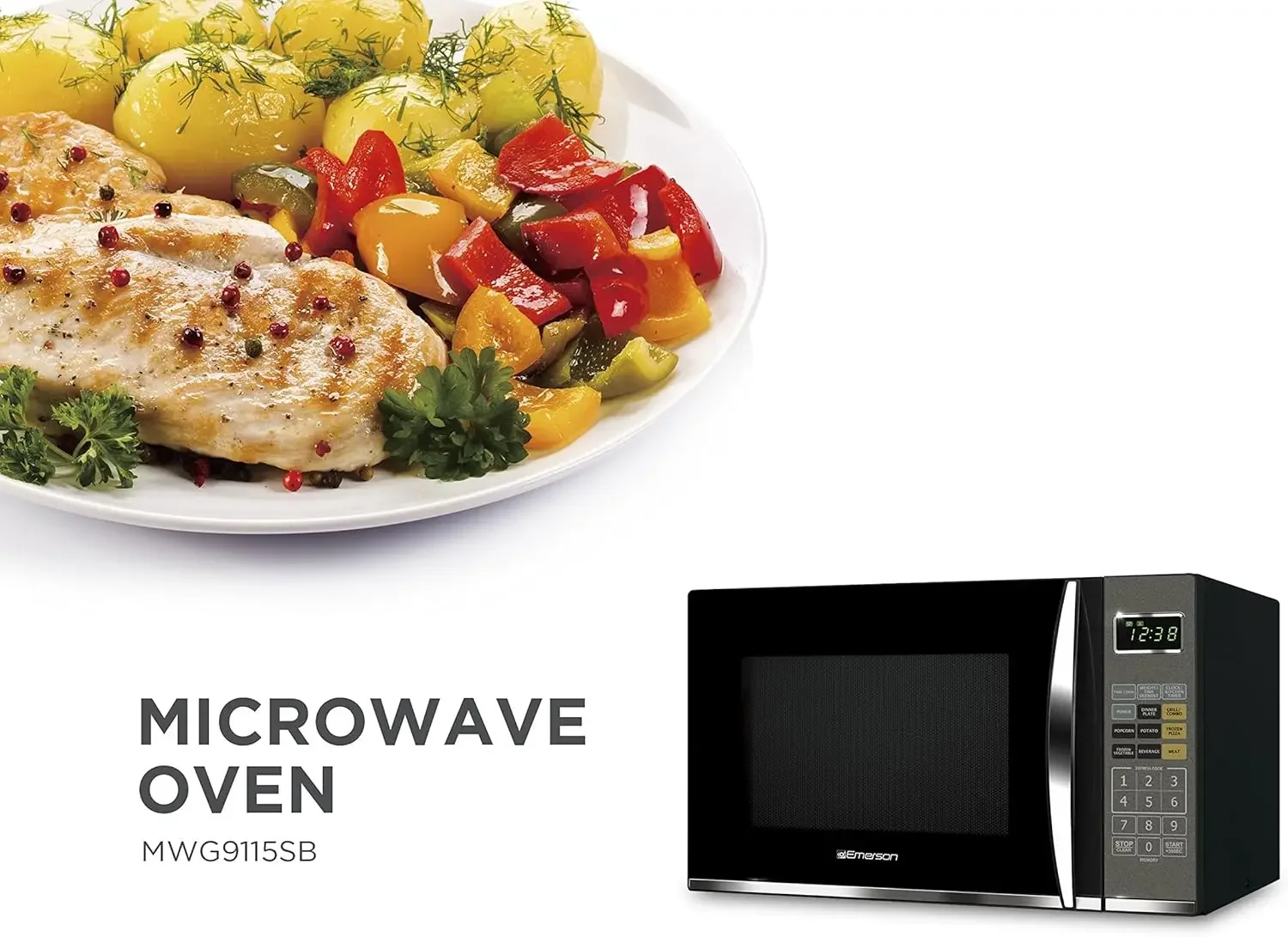 Horno microondas MWG9115SB-N con parrilla, temporizador y pantalla LED de 1100 W, 11 niveles de potencia, 9 configuraciones preprogramadas, vidrio extraíble