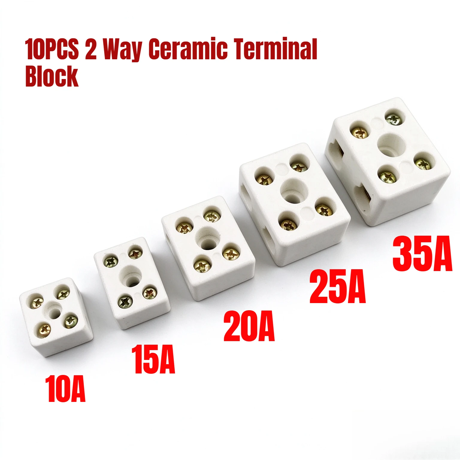 10PCS 2 Way Ceramic Terminal Block 10A 15A 20A 25A 35A 2 In 2 Out 5 Hole Porcelain Wire Connector M4 Wire Connector for Furnace