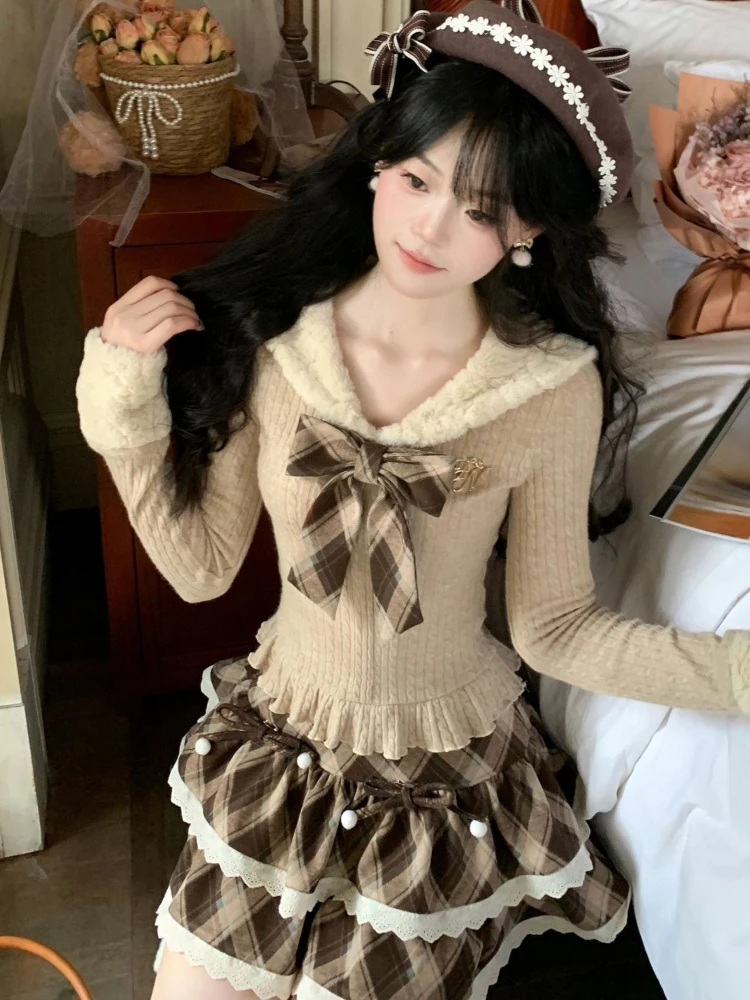 French Elegant Preppy Style 2 Piece Set Women Sweet Bow Knitted Tops + Plaid Mini Skirt Japanese Kawaii Y2k Lolita Lovely Outfit