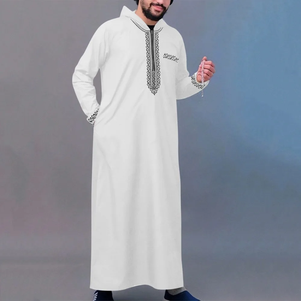 Uomini musulmani Abito lungo Jubba Thobe Ricamo Abaya con cappuccio Abito Dubai Caftano Ramadan Marocco 2025 Preghiera islamica saudita Dishdasha