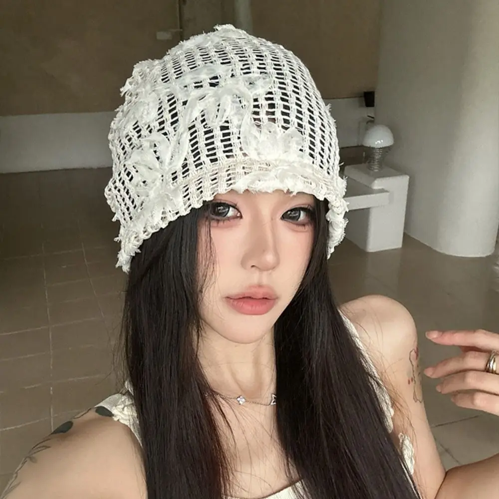 

Retro Handmade Crochet Flower Hat Cute Hollow Out Lace Beanies Hat Korean Thin Flower Knitted Hat Outdoor