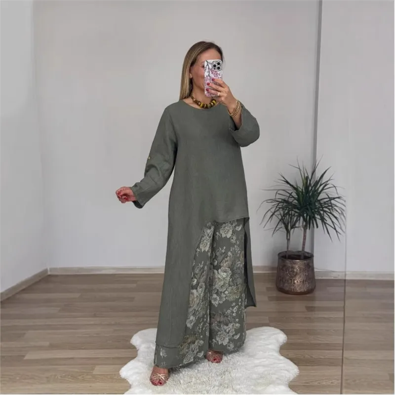 

Spring Summer New Fashion Women's Set Casual O Neck Long Sleeve Irregular Top Skirt Sets Print Loose Wide Leg Pants 2 Piece Set