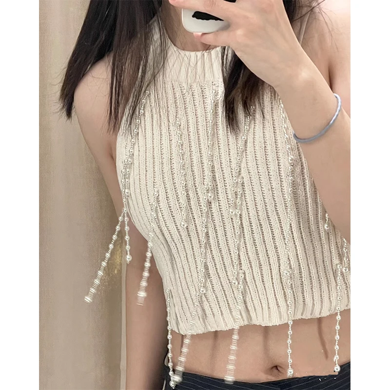 

White Pearl Halter-neck Off Shoulder Sleeveless Knitted Camisole Spice Girls Tassel Beading Slimming Crop Top Basic Tank Tops