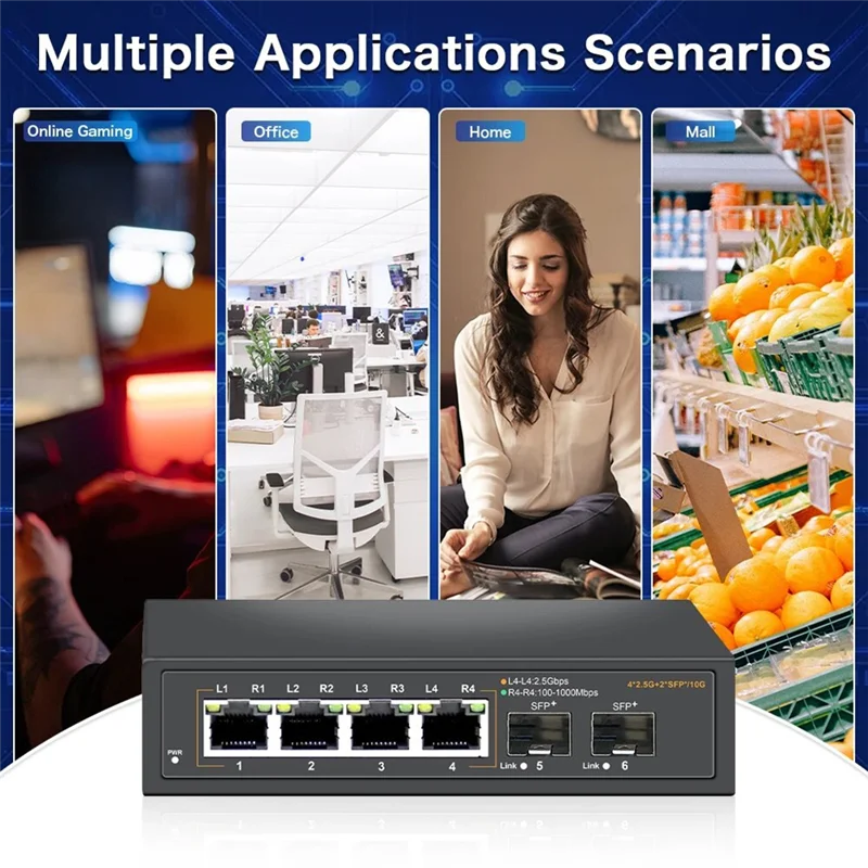 Novo-switch ethernet não gerenciado 2.5g com 4 portas base-t 2.5g e 2 portas de ligação ascendente sfp 10g, para 100/1000/2500mbps eua plug