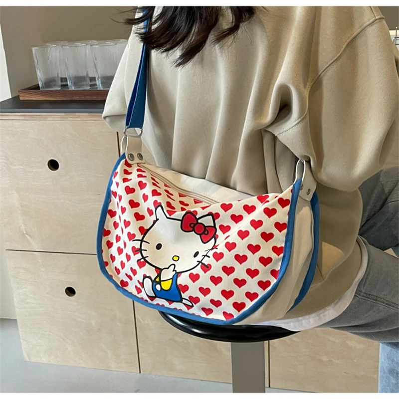 Miniso Kawaii Sanrio Hello Kitty Canvas Messenger Bag Cute Anime Cartoon Handbag Good-looking Purses Girl&Child Holiday Gifts