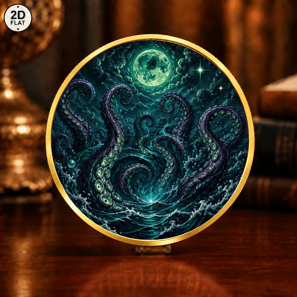 1pc Hell Lava Castle & Deep Sea Kraken Octopus Metal Challenge Coin Dark Moon Volcano Fantasy Collectible Medal Gothic Gifts