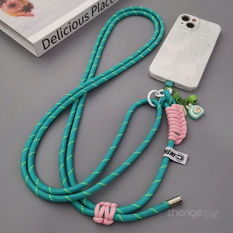 

Crossbody Woven Knot Adjustment Mobile Phone Hanging Rope for Outdoor Travel Neck and Back Rope Clip Cartoon Toast Bell Pendant