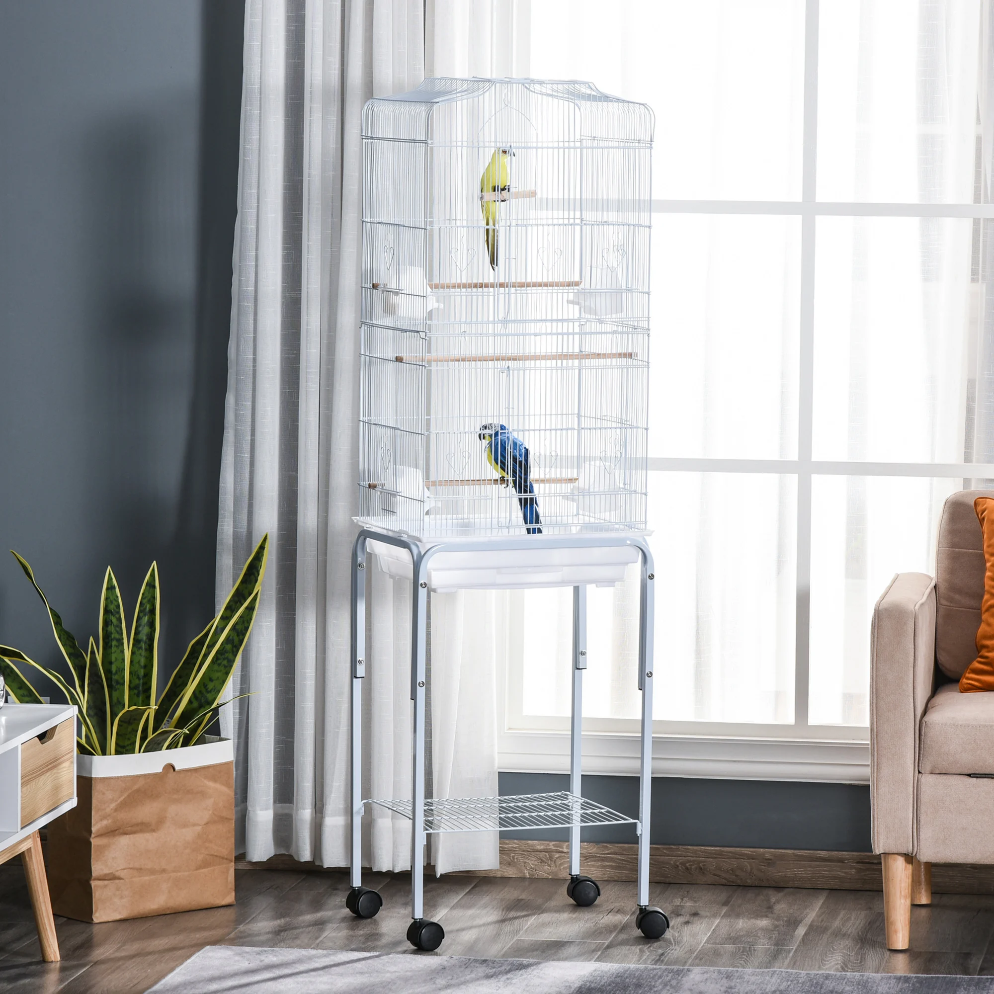 PawHut Jaula para Pájaros con Soporte 4 Ruedas y Comederos 46,5x36x157 cm