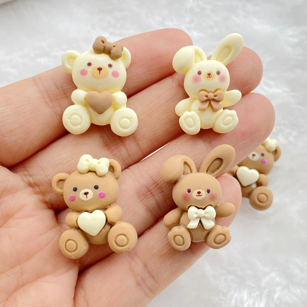 10pcs Resin Cute cartoon brown love bear, bow rabbit Flatback Rhinestone Figurines DIY Wedding Scrapbook Decor Crafts