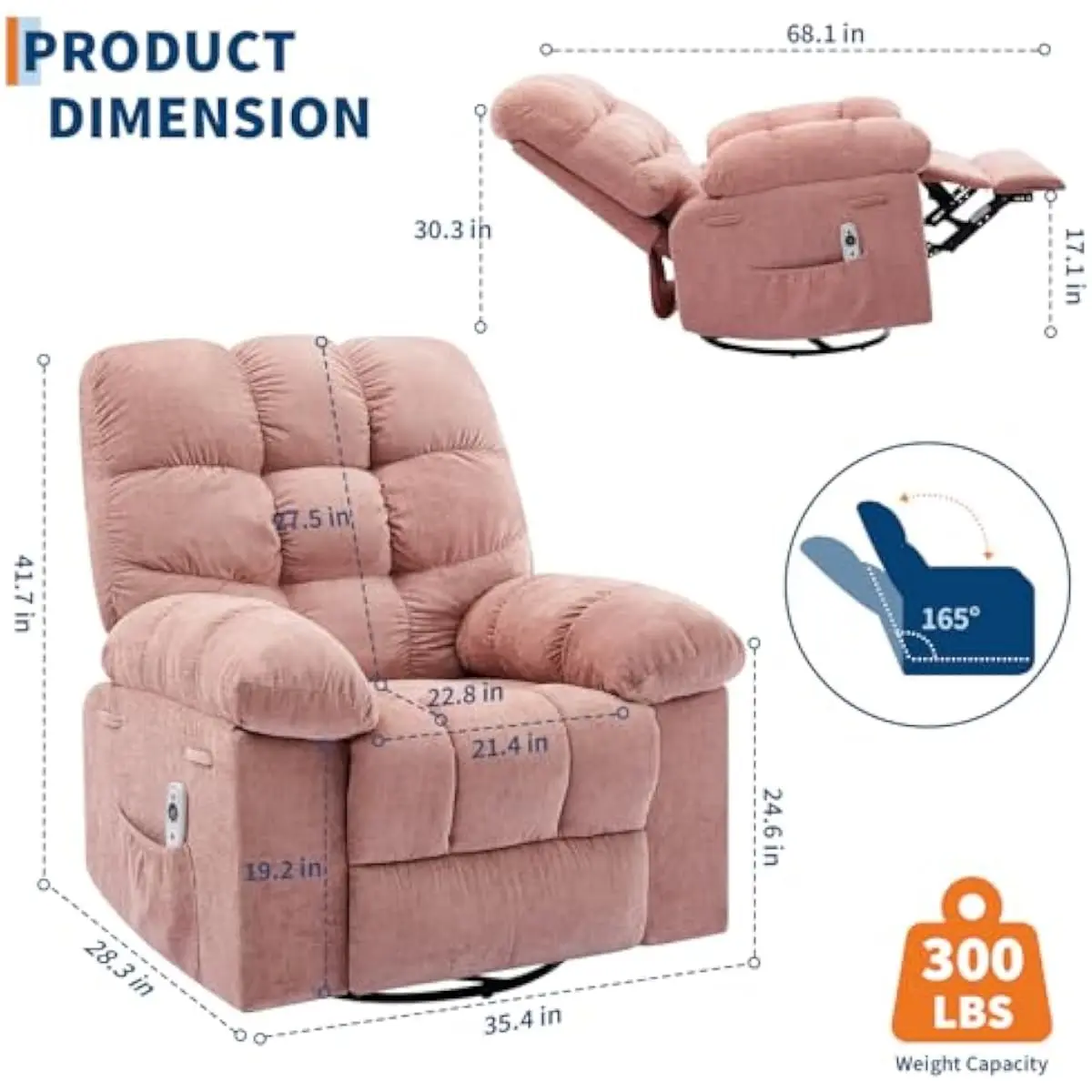 360° Rotating Rocker Recliner with Full-Body Vibration Massage, Lumbar Heat Therapy, Ergonomic Linen Upholstery, Extendable Foot