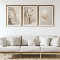 Set of 3 Minimalist White Peony Flower Neutral Modern Wall Art Prints, Beige Plant Canvas Posters, Photo Floral Gallery Decoration, Artwork for Bedroom, Living Room, Dining Room, Hallway, Indoor Wall Decoration, Wall Art, Home and Room Decor, Unframed