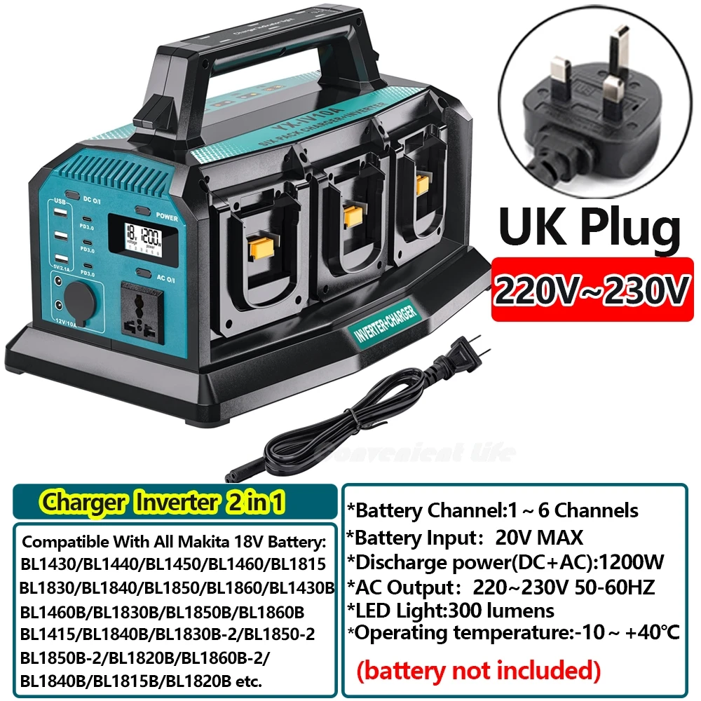 2-in-1 omvormer-oplader voor Makita 18V batterij Draagbare 1200W zuivere sinusomvormer 6A snellader 6 batterijpoorten DC naar AC 120/240V adapterconverter met 3 USB-A + 3 USB-C 300lm LED-lampen voor