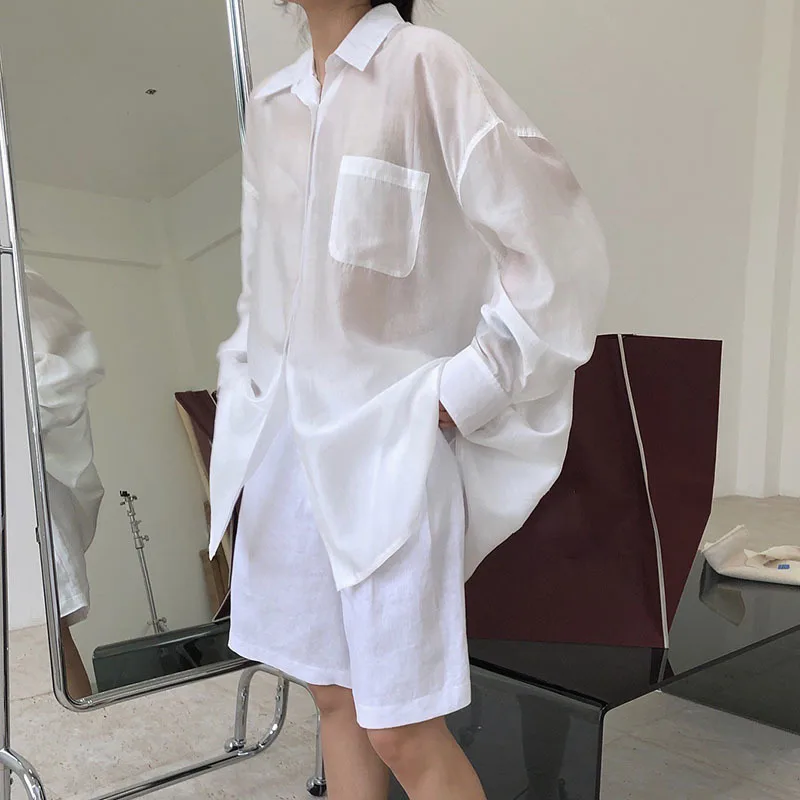 FANAN موضة منظور قمصان واقية من الشمس للنساء التلبيب واحدة الصدر بلوزات فضفاضة غير رسمية الإناث بلايز 2025 صيف جديد