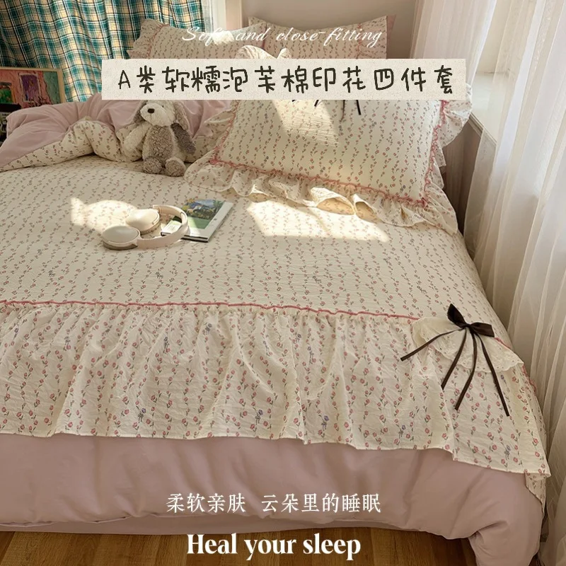 3/4Pcs Bedding Set Euro Princess Bedding Duvet Cover Cotton 100% Lace Bow Bed Linen With Ruffles Double Bed Lace Pillowcase 3