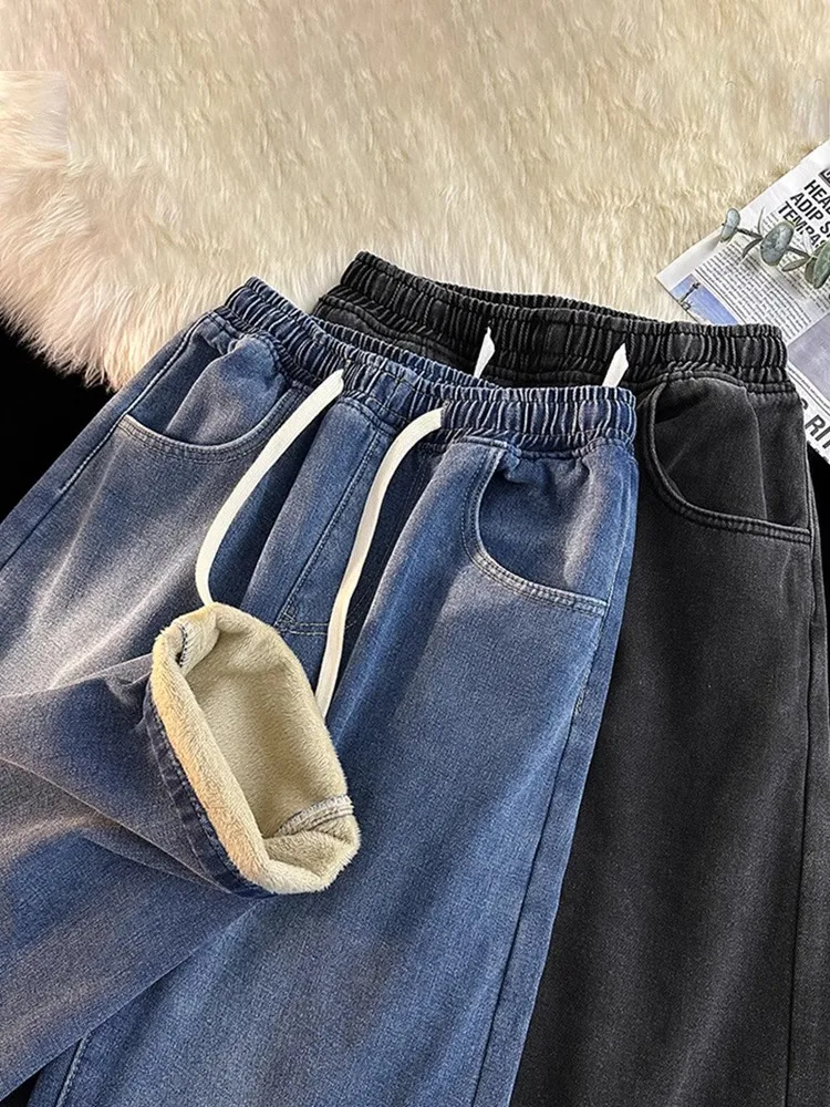 

Fce Lined Men's Denim Jeans Straight Leg Warm Wide Leg Pants American Sle High Street Retro Long Trousers Casual Wear