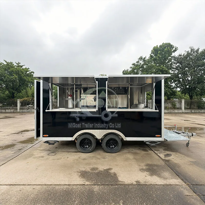 Large Capacity Double Service Window Dual Axle Commercial Mobile Food Trailer Stainless Steel Interior Catering Trailer Street S