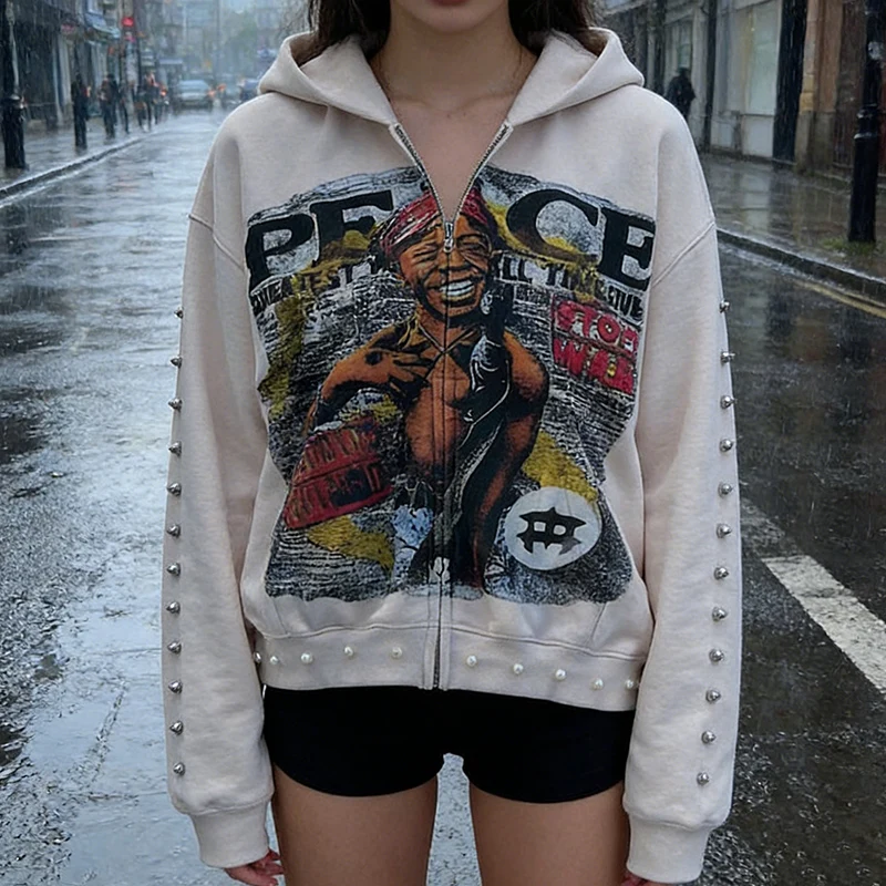 

Aesthetic Bead Decoration Hip Hop Harajuku Streetwear Y2K Vintage Autumn Winter Abstract Personalized Print Zipper Loose Hoodie