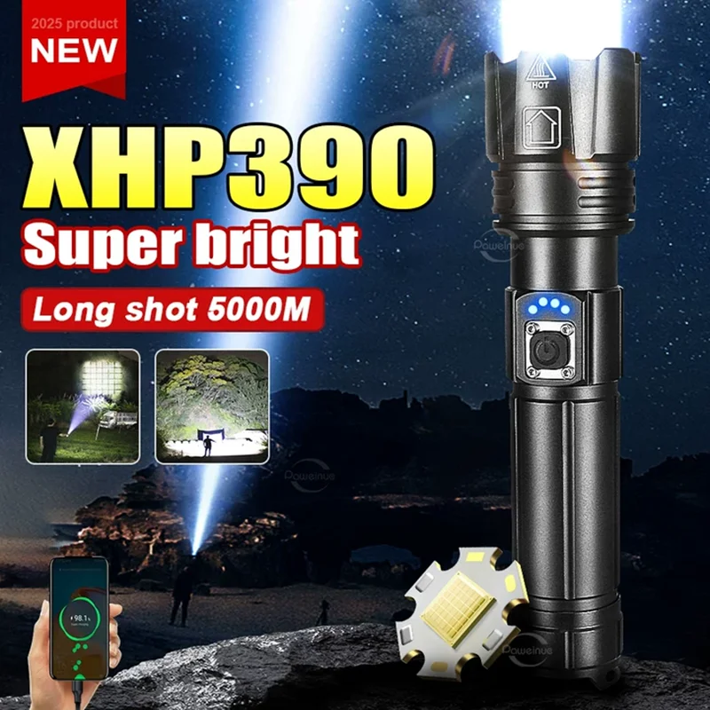 

Самый мощный светодиодный фонарик XHP390, перезаряжаемый фонарик, освещение, 5000 м, тактический фонарь с зарядкой типа C, сверхмощный фонарик