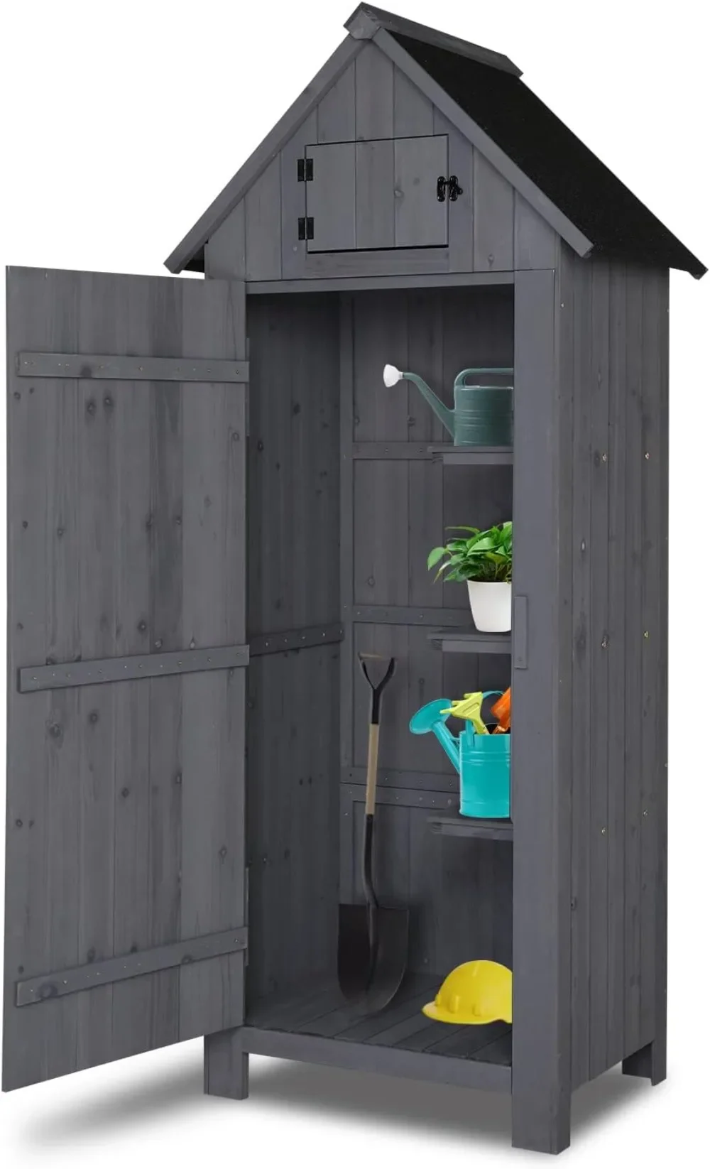 Outdoor Wooden Storage Shed, Garden Shed Outside Tool Cabinet with Safety Latch, Patio Storage Organizer (Dark Grey)