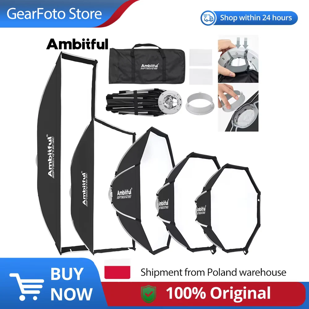 AMBITFUL Q7 serie Softbox 55CM 65CM 90CM 60X90CM 30X120CM Quick-release Softbox Zijvleugel Open Octagon Softbox Met Grid