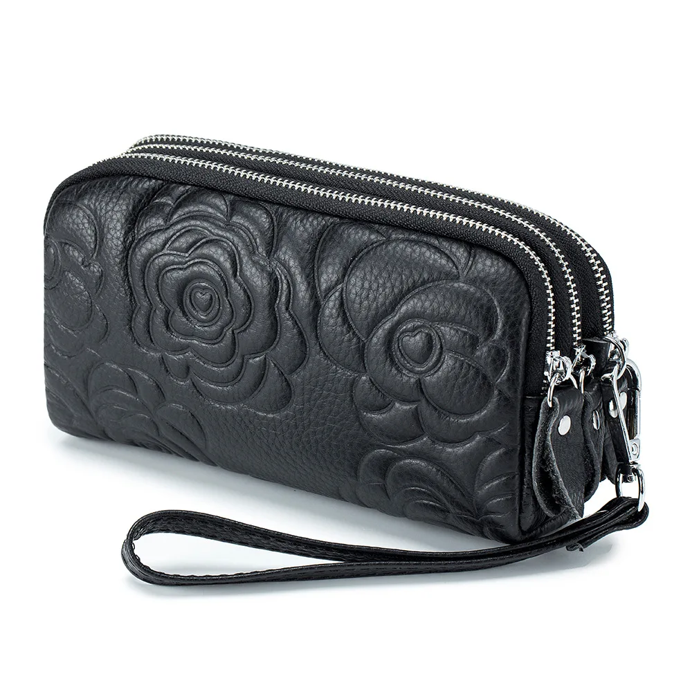 Genuine LEATHER Coin Wallet Triple Zip Women Zipper Pouch Keychain Floral Clutch Bag Cell Phone Bag Luxury Clutch Bag