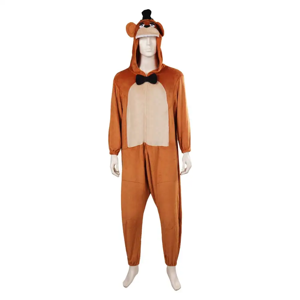 Adult Freddy Cosplay Jumpsuits Sleepwear Costume Hooded Onesie Cartoon Bear Plush Shoes Halloween Carnival Party Disguise Suit